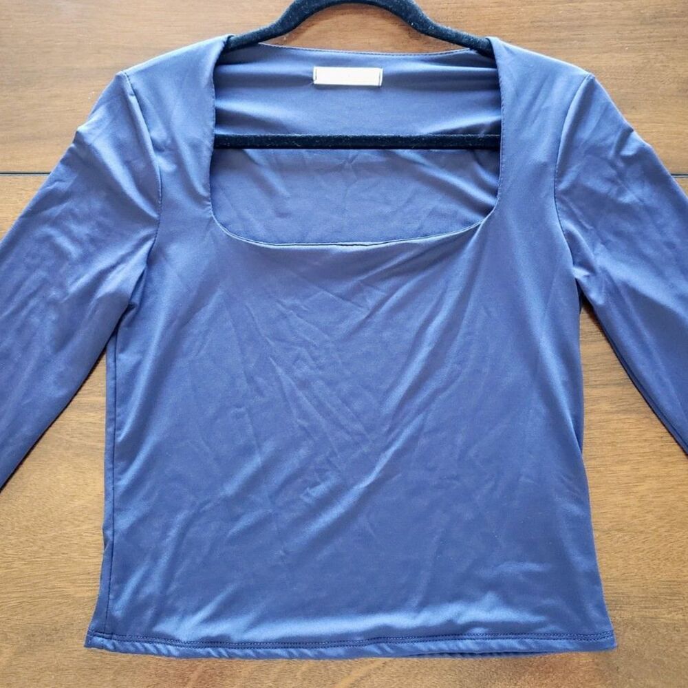 Gaze - Square Neck / Cropped Blouse - Long Sleeves - Navy Blue - Women Size L - Picture 3 of 7